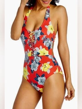 Ambrielle Red Floral Halter One-Piece Swimsuit | Size L